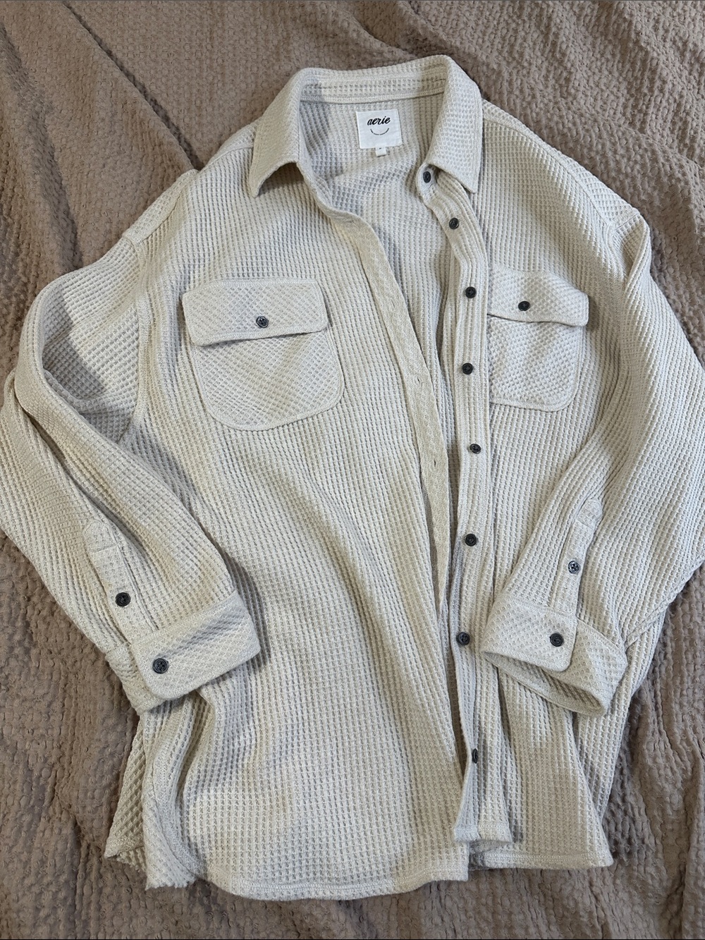 aerie Waffle Knit Button-Down Shirt Jacket in Light Beige